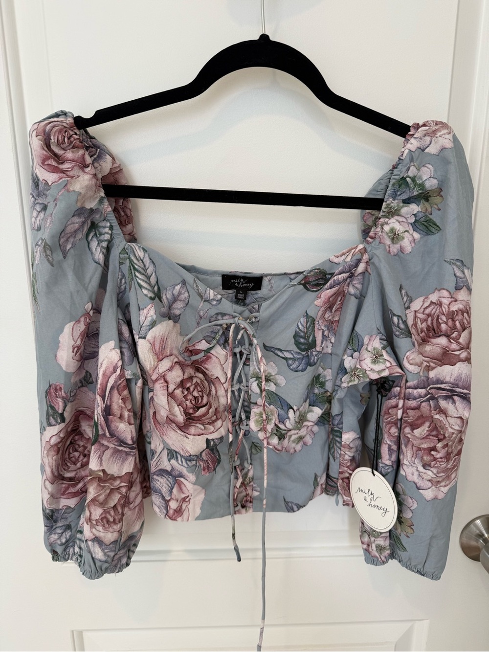 Milly & Honey Floral Lace-Up Crop Top in Dusty Blue